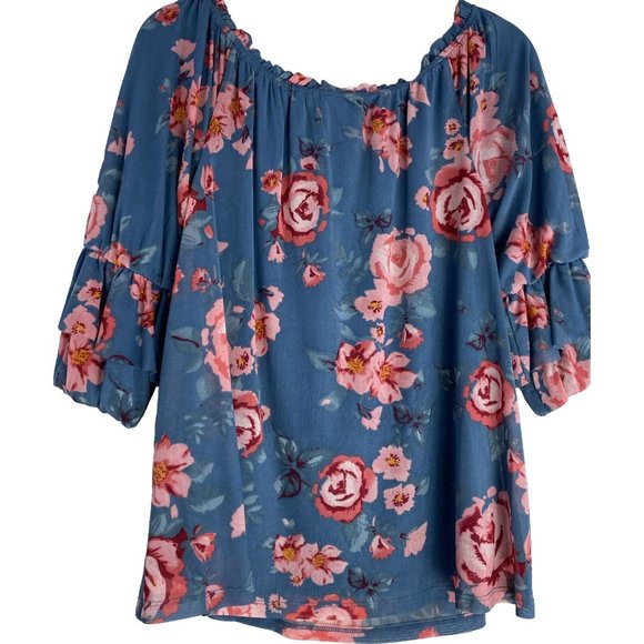 Democracy Floral Print Boho Ruffle Peasant Hippie Blouse S Mesh Fabric Blue $68 - Picture 1 of 11